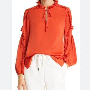 Kobi Halperin Satin Orange Ruffle Blouse